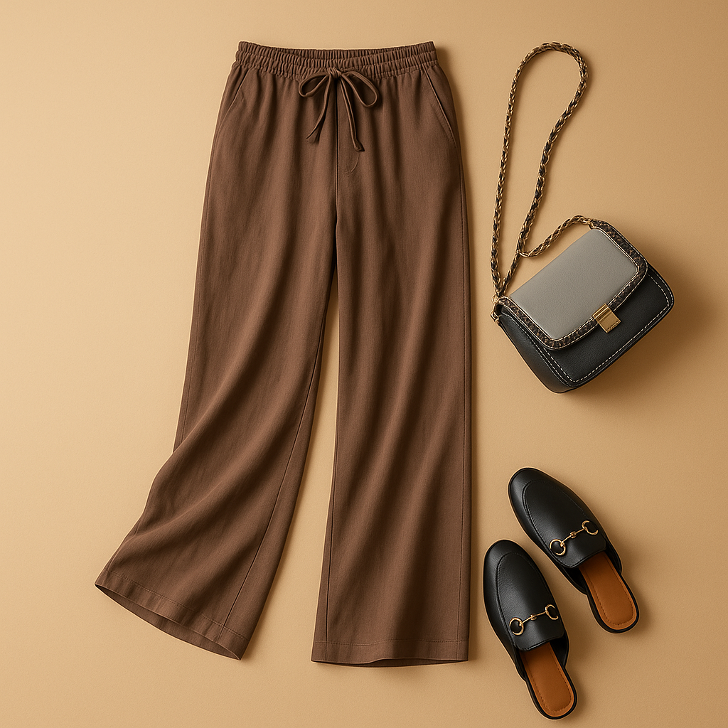 Luchtige damesbroek met elastische tailleband en losse pasvorm, geschikt voor zomerse casual of chique outfits.