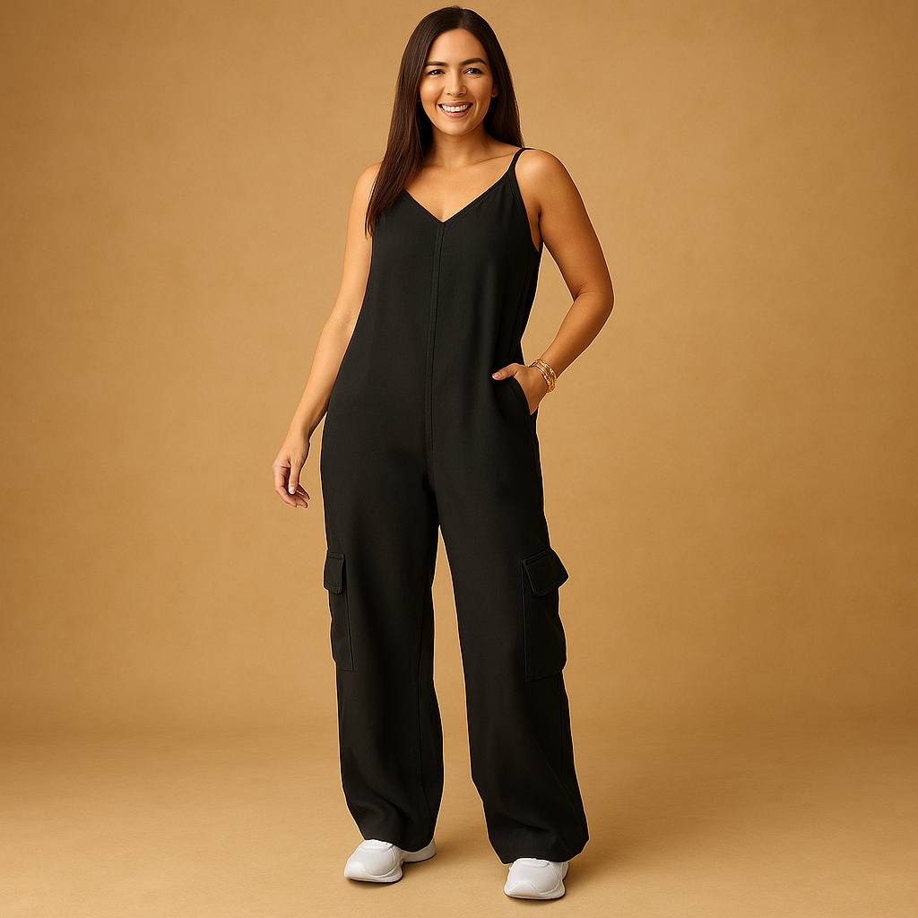 Stijlvolle denim jumpsuit voor dames met diepe V-hals, open rug en rechte pijpen – ideaal voor casual dagen of festivals.