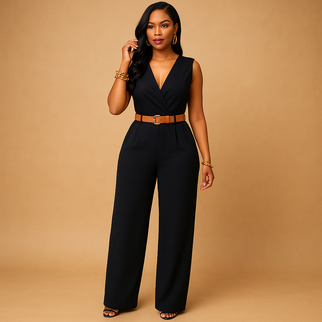 Stijlvolle dames jumpsuit met diepe V-hals en hoge taille, gemaakt van soepel en luxueus materiaal. Perfect voor feestjes en elegante avonden.