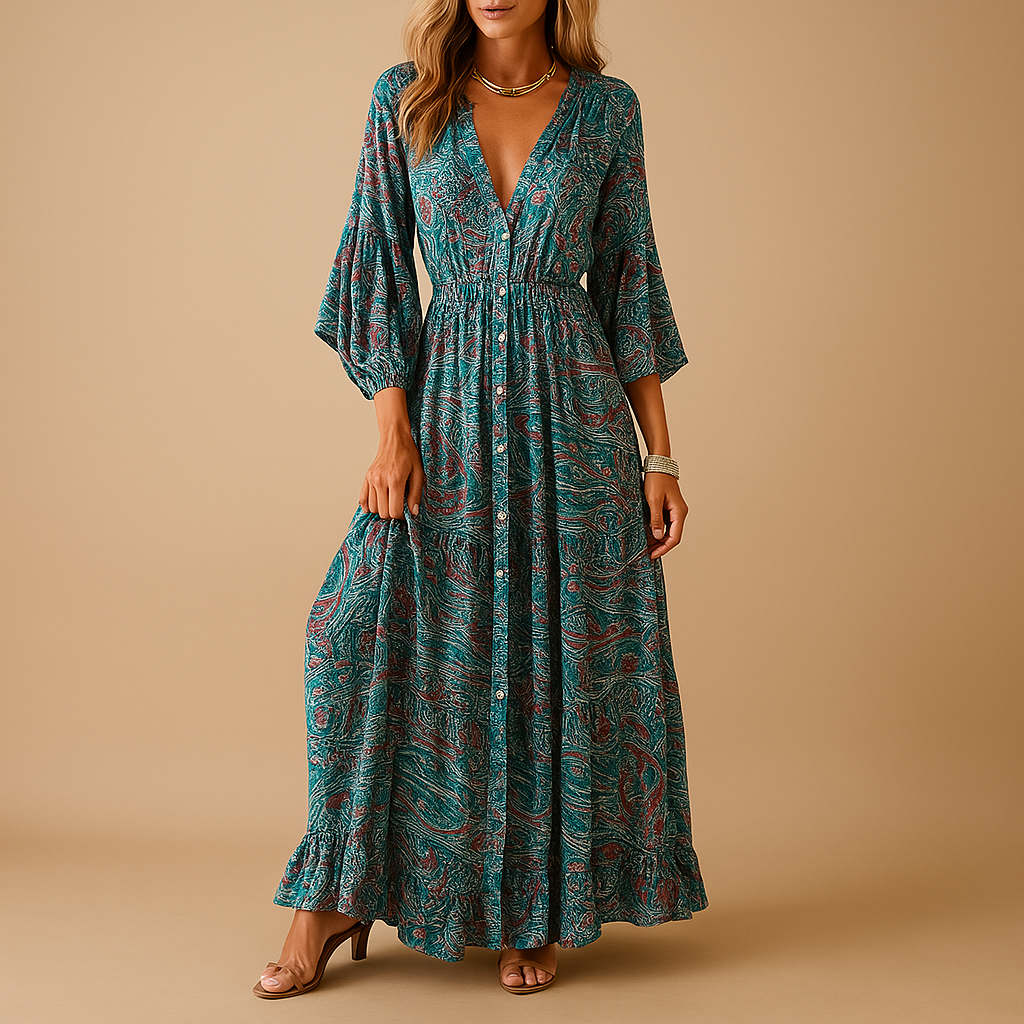 Dames boho-jurk in lange, luchtige stijl met elegante pasvorm, perfect voor casual dagen of feestelijke gelegenheden.