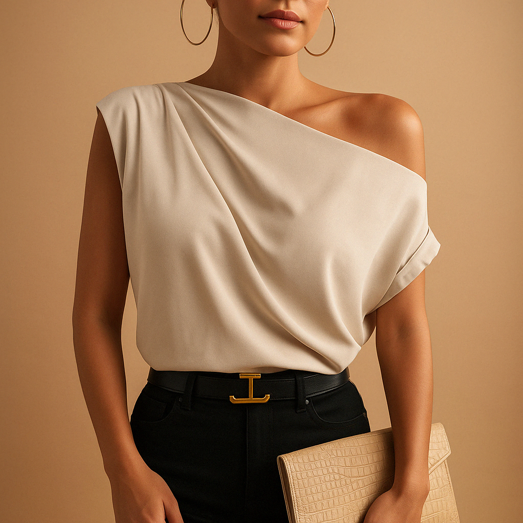 Beige off-shoulder top voor dames met vleermuismouwen, luchtig en elegant voor casual dagen of een avondje uit.