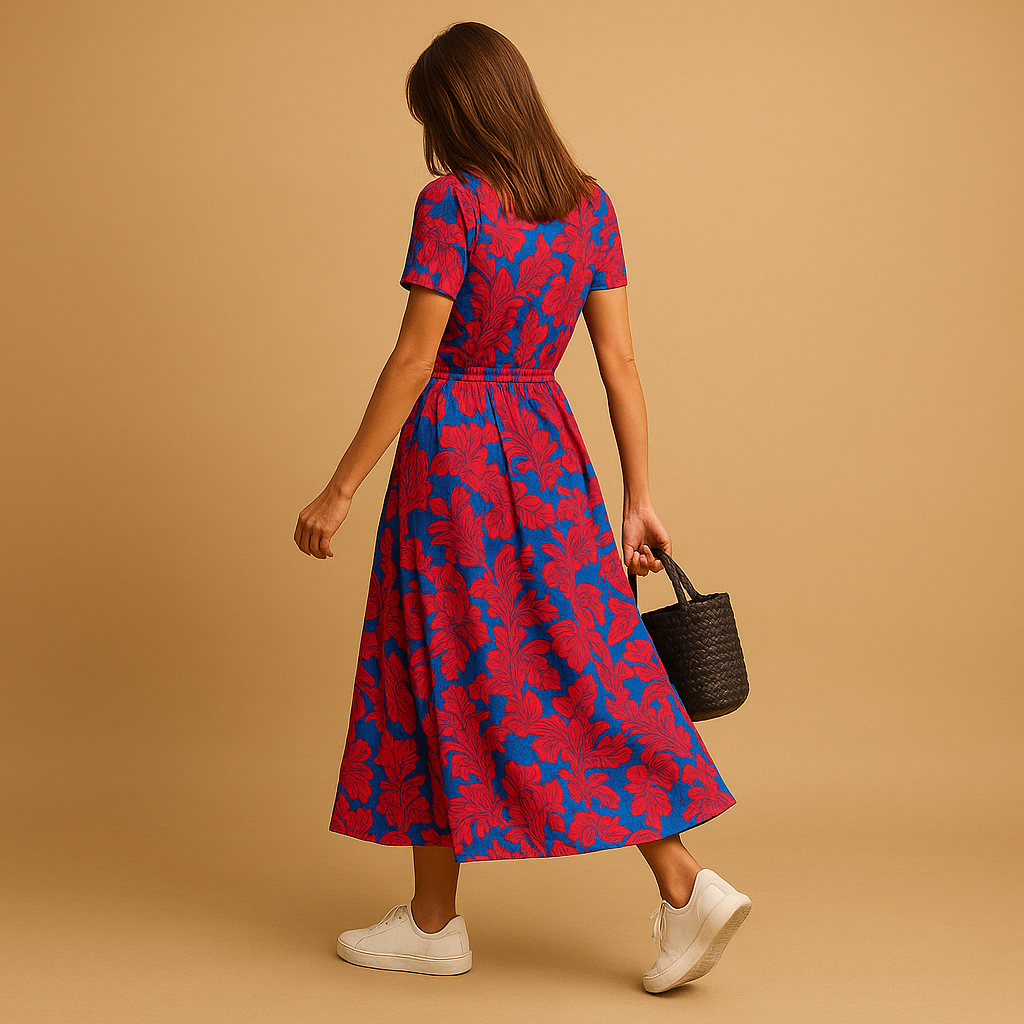 Elegante dames zomerjurk met A-lijn pasvorm, pofmouwen en knoopdetails – ideaal voor casual en stijlvolle zomerdagen