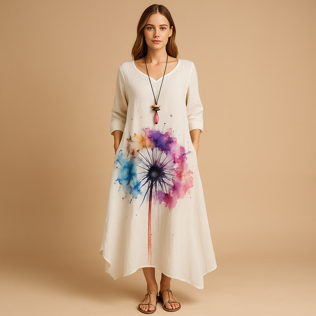 Ademend katoenen A-lijn jurk voor dames in duurzaam materiaal met flatterende pasvorm, geschikt voor elk seizoen en elke gelegenheid.