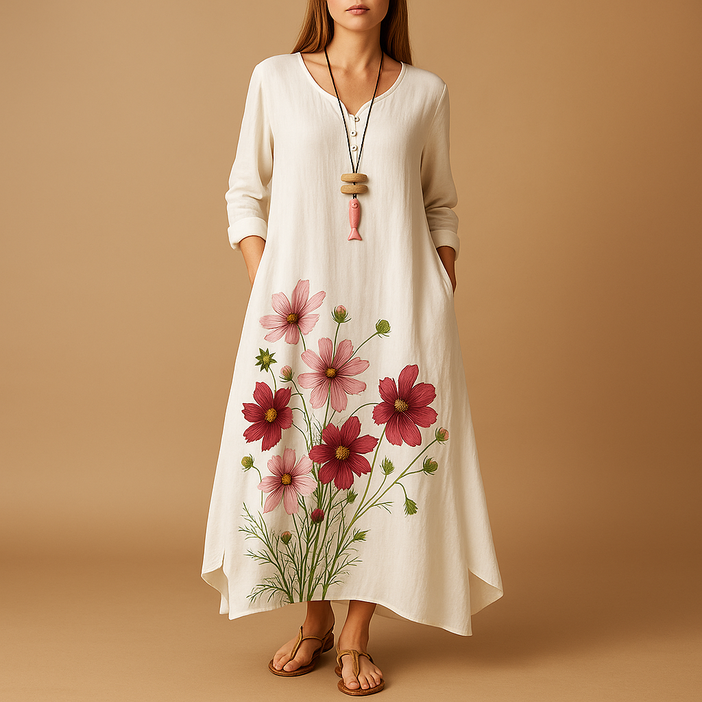 Ademend katoenen A-lijn jurk voor dames in duurzaam materiaal met flatterende pasvorm, geschikt voor elk seizoen en elke gelegenheid.