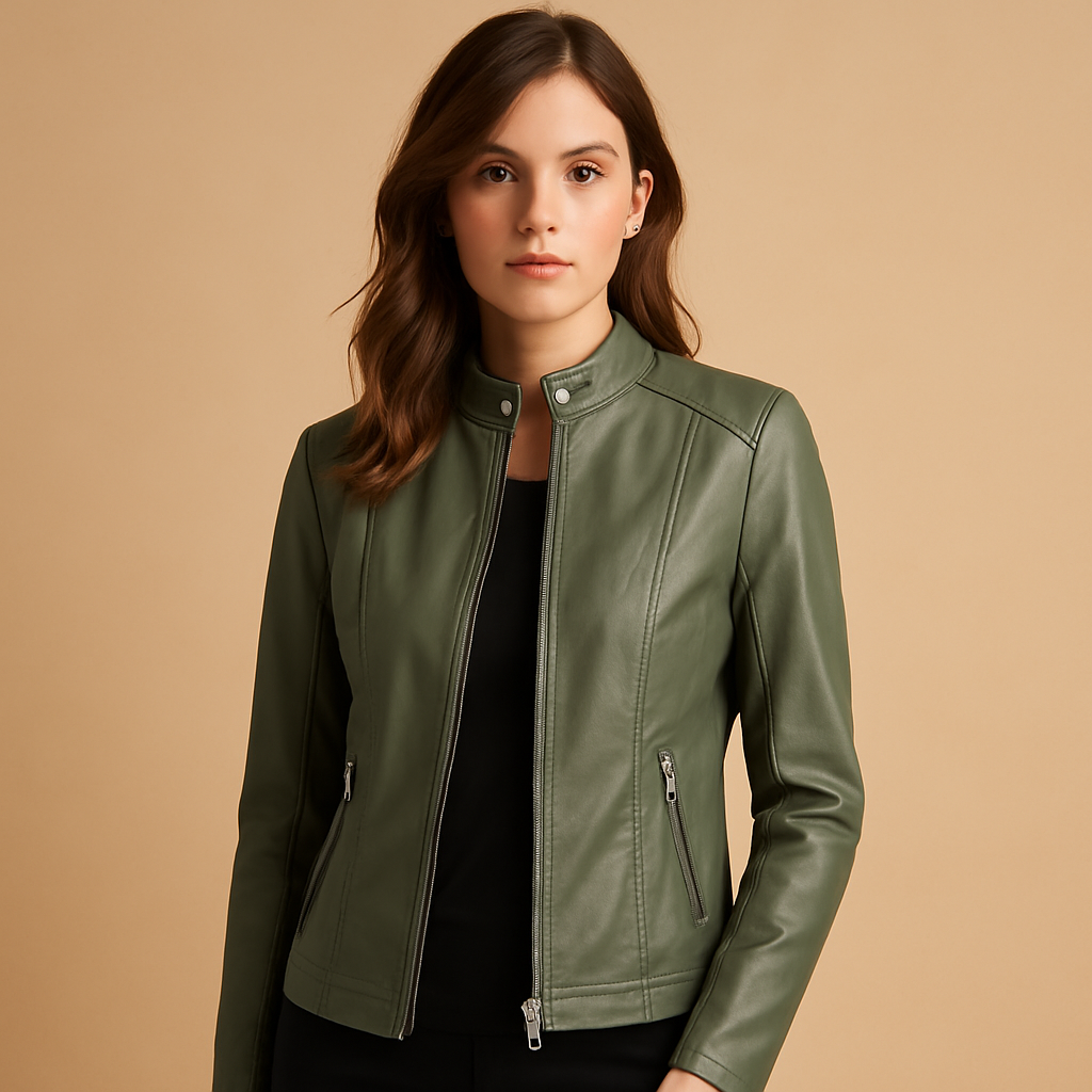 Bikerjas voor dames met symmetrische ritssluiting, drukknoopkraag en zilveren details, perfect voor casual en elegante outfits in herfst en lente.