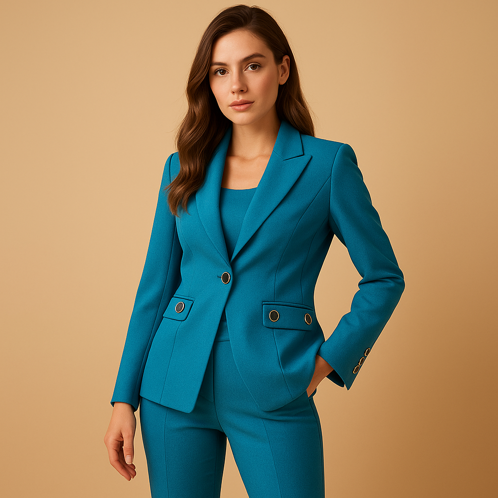 Dames blazer set met broek in elegante pasvorm, geschikt voor werk en formele gelegenheden.
