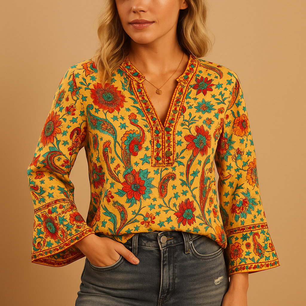 Dames blouse met bloemenprint, uitlopende mouwen en opstaande kraag, perfect voor een luchtige en stijlvolle lente- of zomerlook.