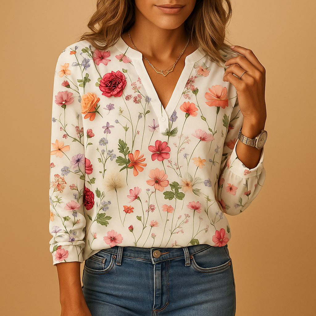Dames blouse met bloemenprint, V-hals en lange mouwen in frisse kleuren, ideaal voor casual en chique zomerse outfits.