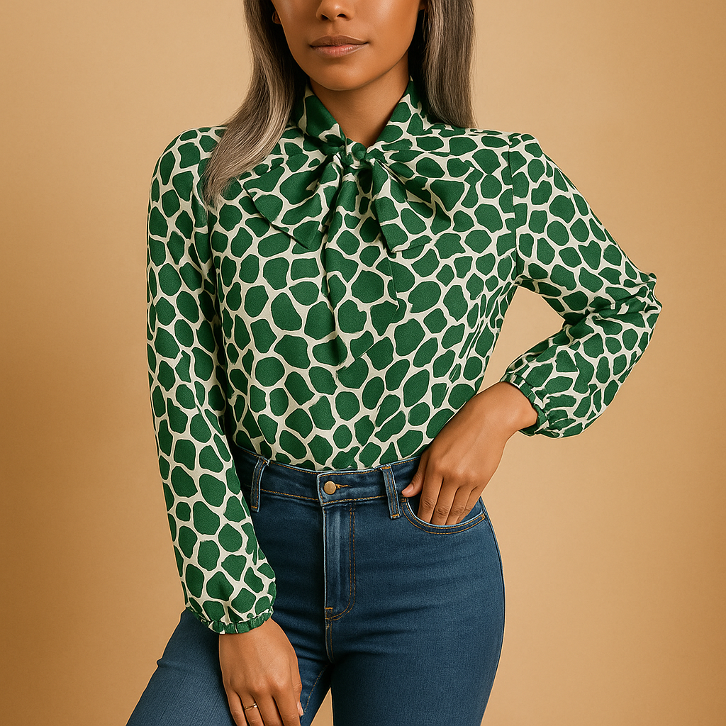 Dames blouse met stippenpatroon, strikdetail en elastische manchetten, geschikt voor zowel zakelijke als casual outfits