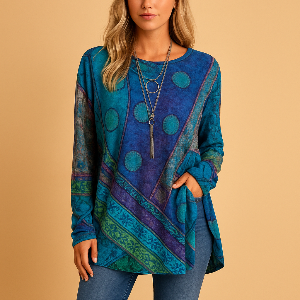Boho off-shoulder dames top met etnische print en lange mouwen, ideaal voor zomerse festivals en casual outfits.