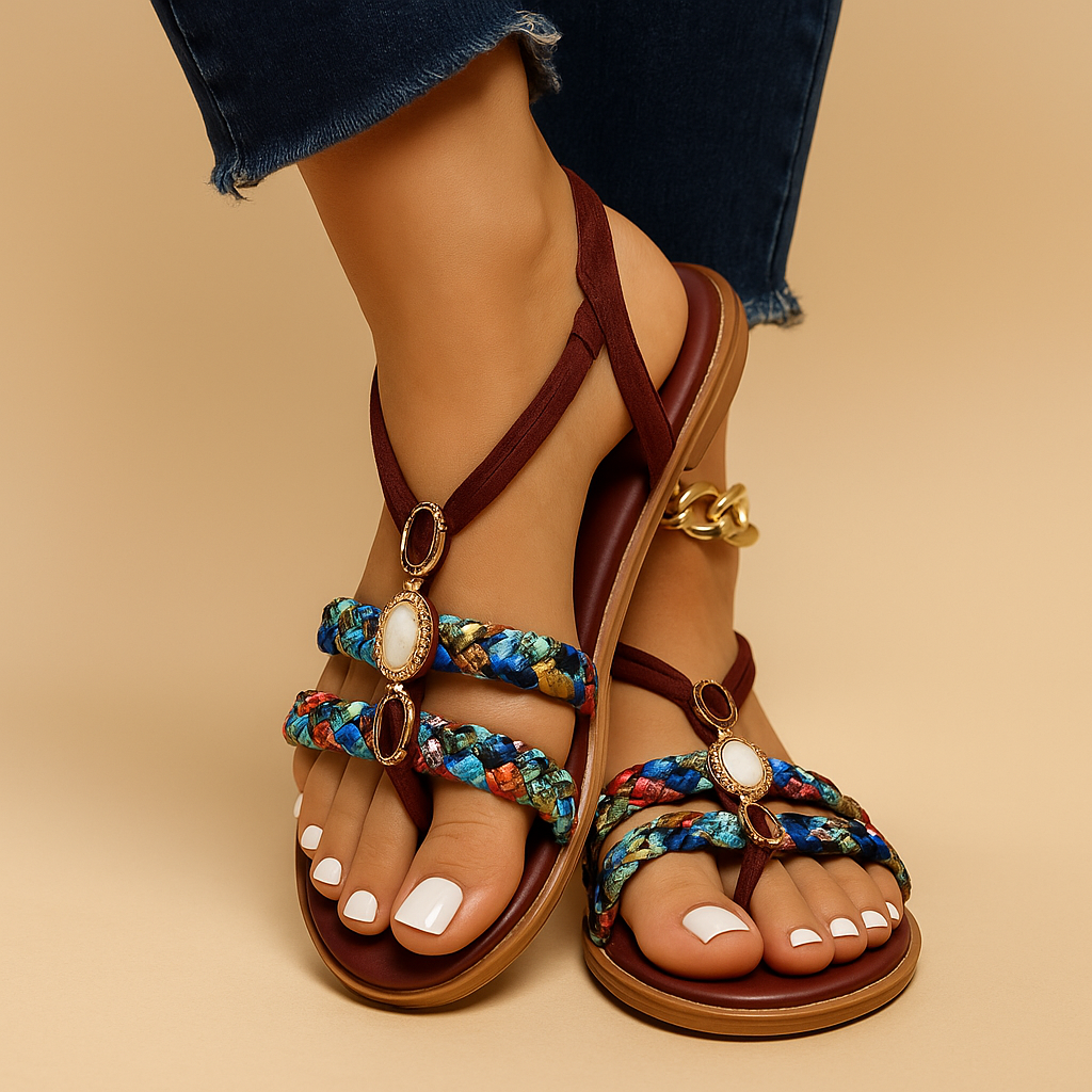 Dames boho sandalen met pareldetails en comfortabele instapzool, ideaal voor warme zomerdagen en casual elegantie.