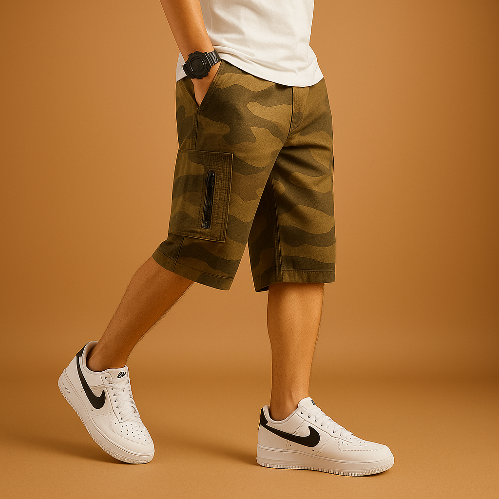Heren camouflage cargo shorts met meerdere zakken en loose fit, perfect voor wandelen, kamperen of dagelijks gebruik.