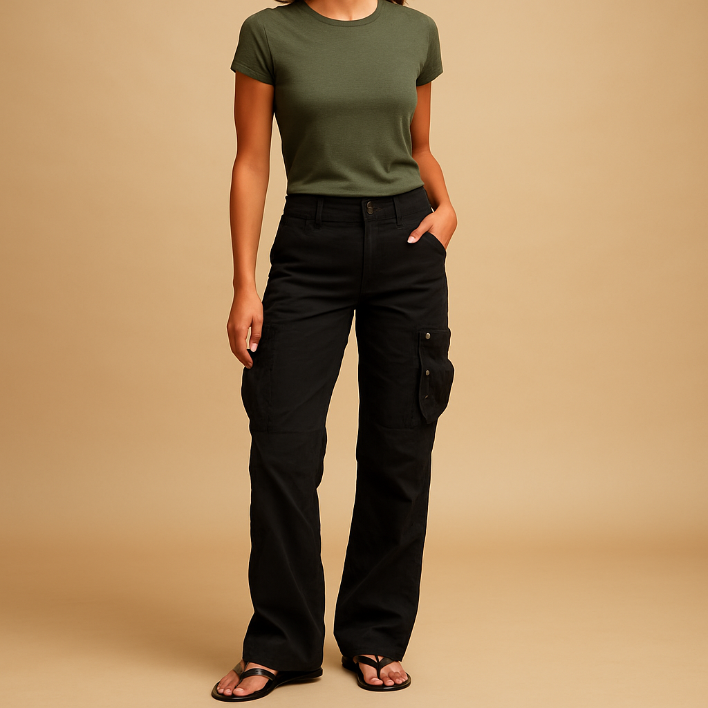 Dames cargo broek in rood en groen met ruime zakken, perfect voor casual outfits met praktische flair.