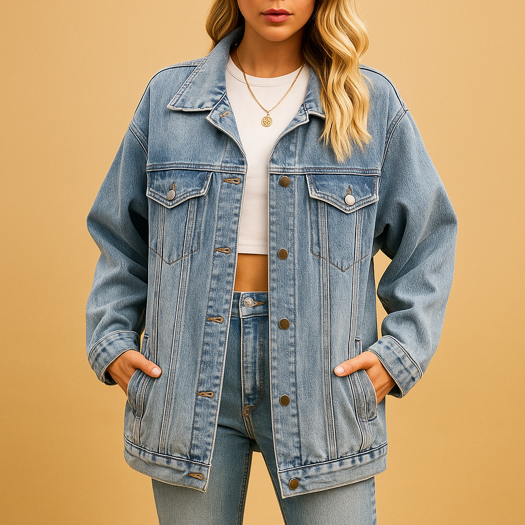 Denim winterjack voor dames in klassiek blauw met knoopsluiting en slanke pasvorm. Ideaal voor dagelijks gebruik, feestelijke avonden en koude winterdagen.