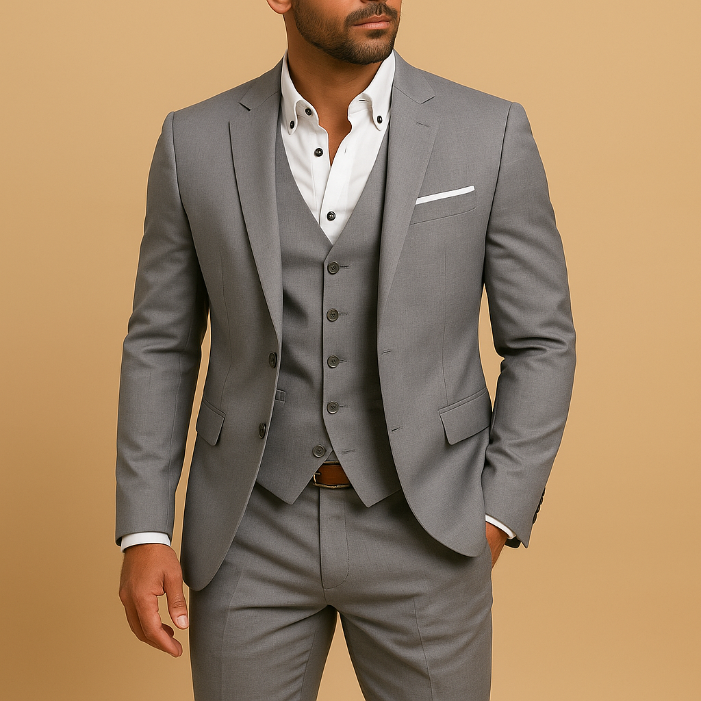 Stijlvol drieledig slim fit herenpak met blazer en broek in zwart, marine of grijs – perfect voor bruiloften en formele gelegenheden.