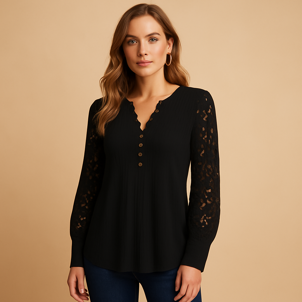 Elegante damesblouse met V-hals en kanten details in wit en zwart, geschikt voor formele en dagelijkse outfits.