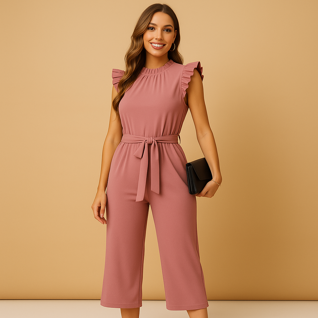 Elegante damesjumpsuit met hoge ronde hals, kapmouwen en bijpassende ceintuur, ideaal voor feestelijke of formele gelegenheden
