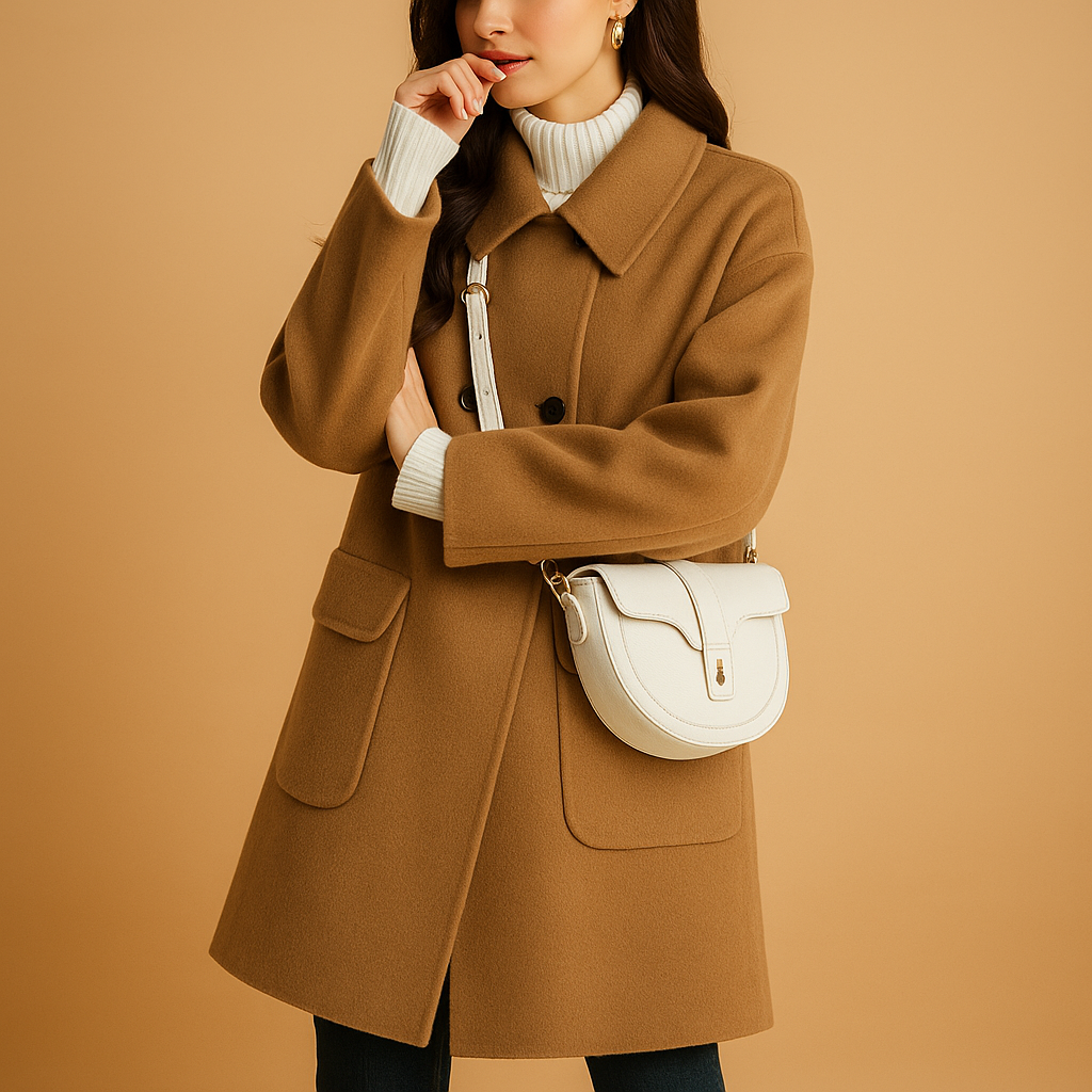 Elegante lange damesmantel met effen design en vrouwelijk silhouet. Ideaal voor dagelijks gebruik in lente, herfst en winter.