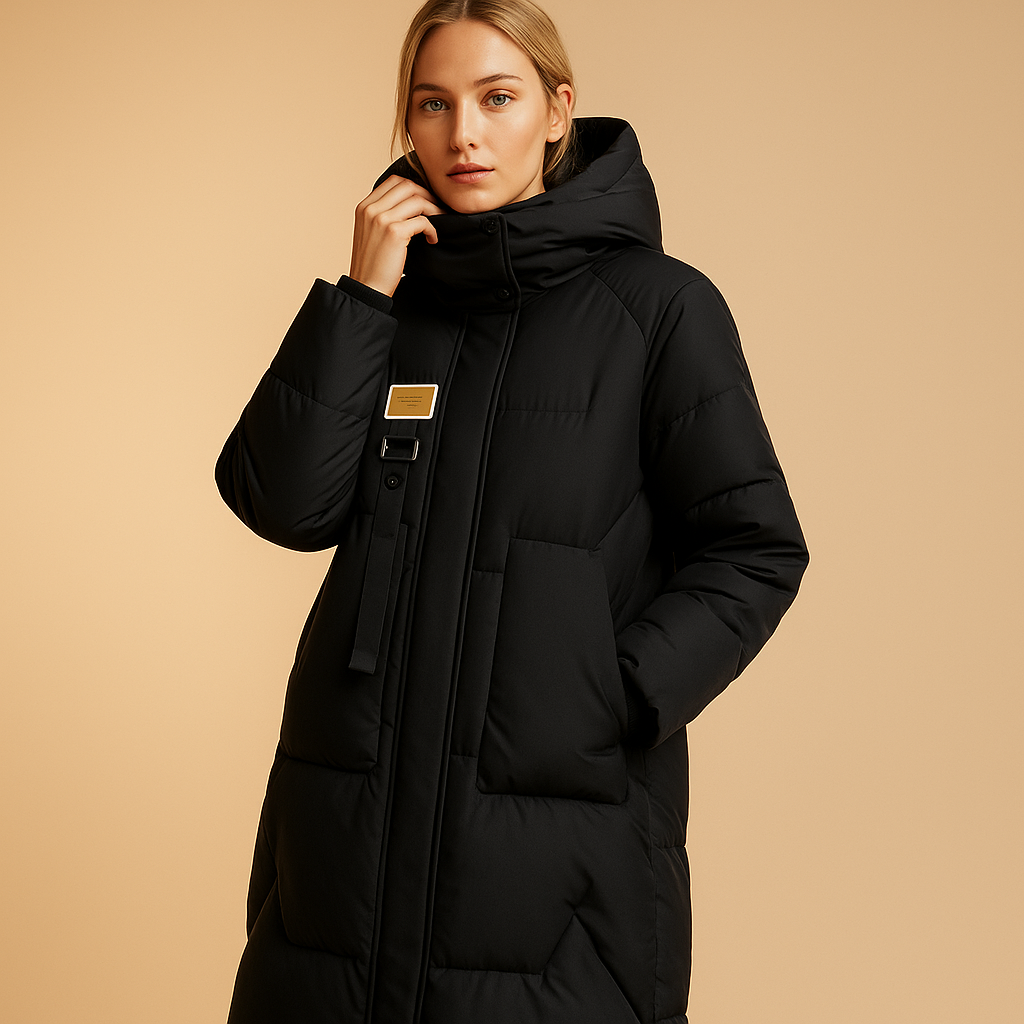 Elegante warme wintermantel voor dames met getailleerde pasvorm, zachte voering en handige zakken. Ideaal voor werk, stadswandelingen en feestelijke momenten.