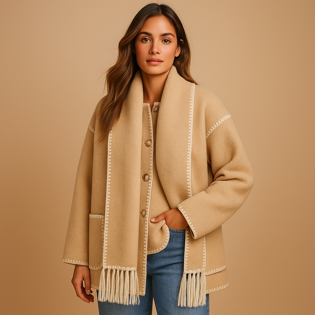 Elegante winterjas voor dames met ceintuur en bijpassende sjaal, warme voering en stijlvol design, ideaal voor dagelijks gebruik en winterse gelegenheden.