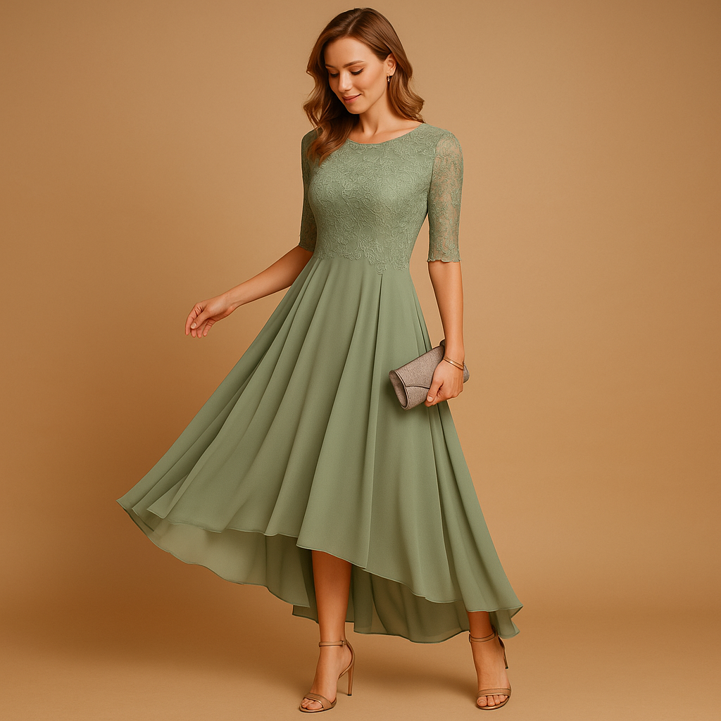 Elegante dames feestjurk met kanten afwerking en flatterende pasvorm, ideaal voor gala’s, bruiloften en bijzondere gelegenheden