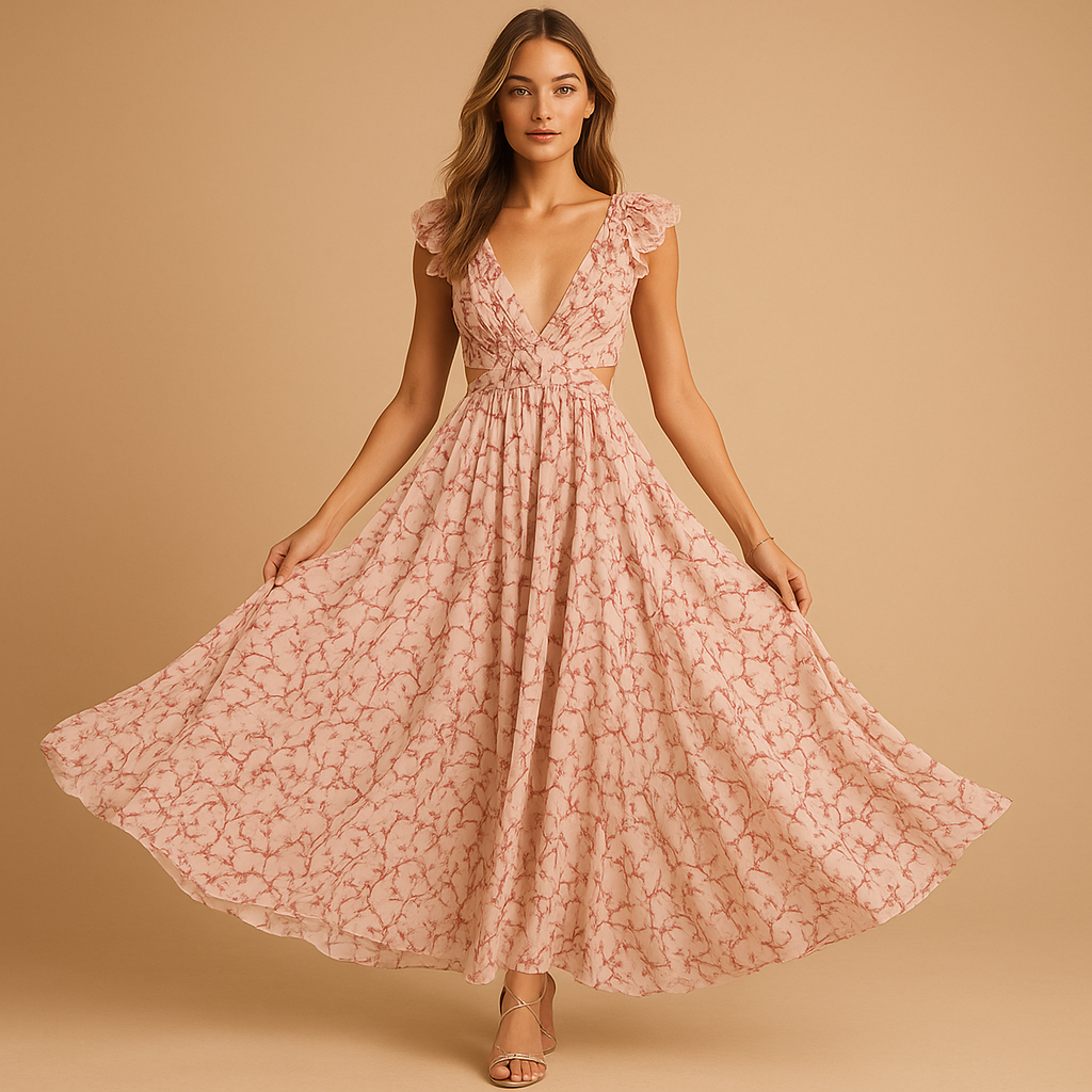 Gebloemde maxi-jurk voor dames met diepe V-hals, ruches, uitgesneden taille en hoge split, ideaal voor feestelijke zomermomenten.