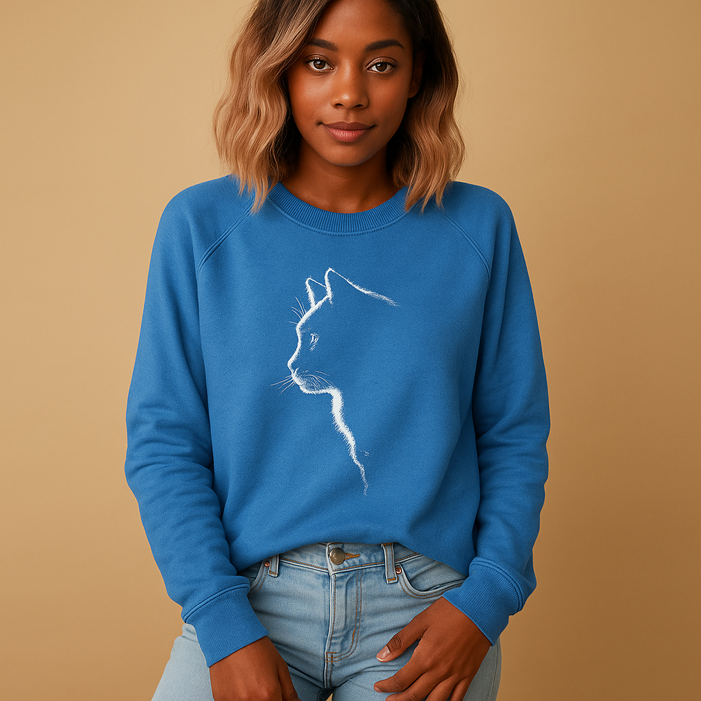 Gebreide damestrui met kattenprint in zachte katoenmix, verkrijgbaar in zwart, blauw, grijs, groen en roze. Perfect voor casual en thuisgebruik.