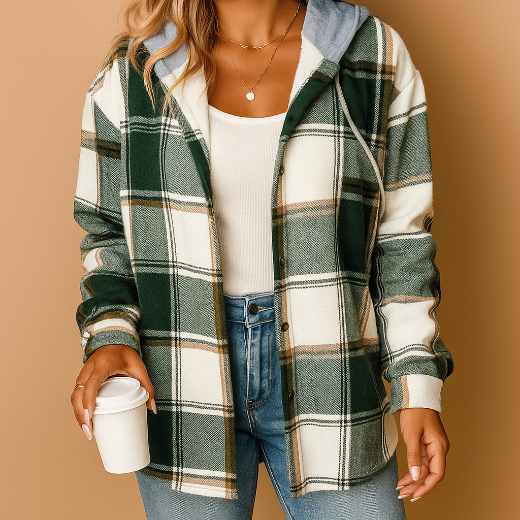 Geruit jack met capuchon voor dames van zachte ademende stof. Relaxte pasvorm en veelzijdig design, ideaal voor lente, herfst en winter.