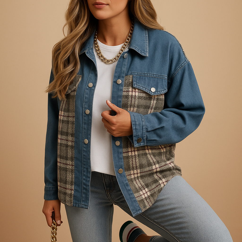 Geruite denim-look jas voor dames met losse pasvorm en zachte stof. Ideaal voor casual layering en semi-formele outfits in elk seizoen.