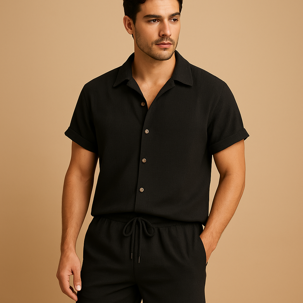 Zomerset voor heren met gestreept overhemd en comfortabele short in vrolijke kleuren, perfect voor zomerdagen en informele gelegenheden.