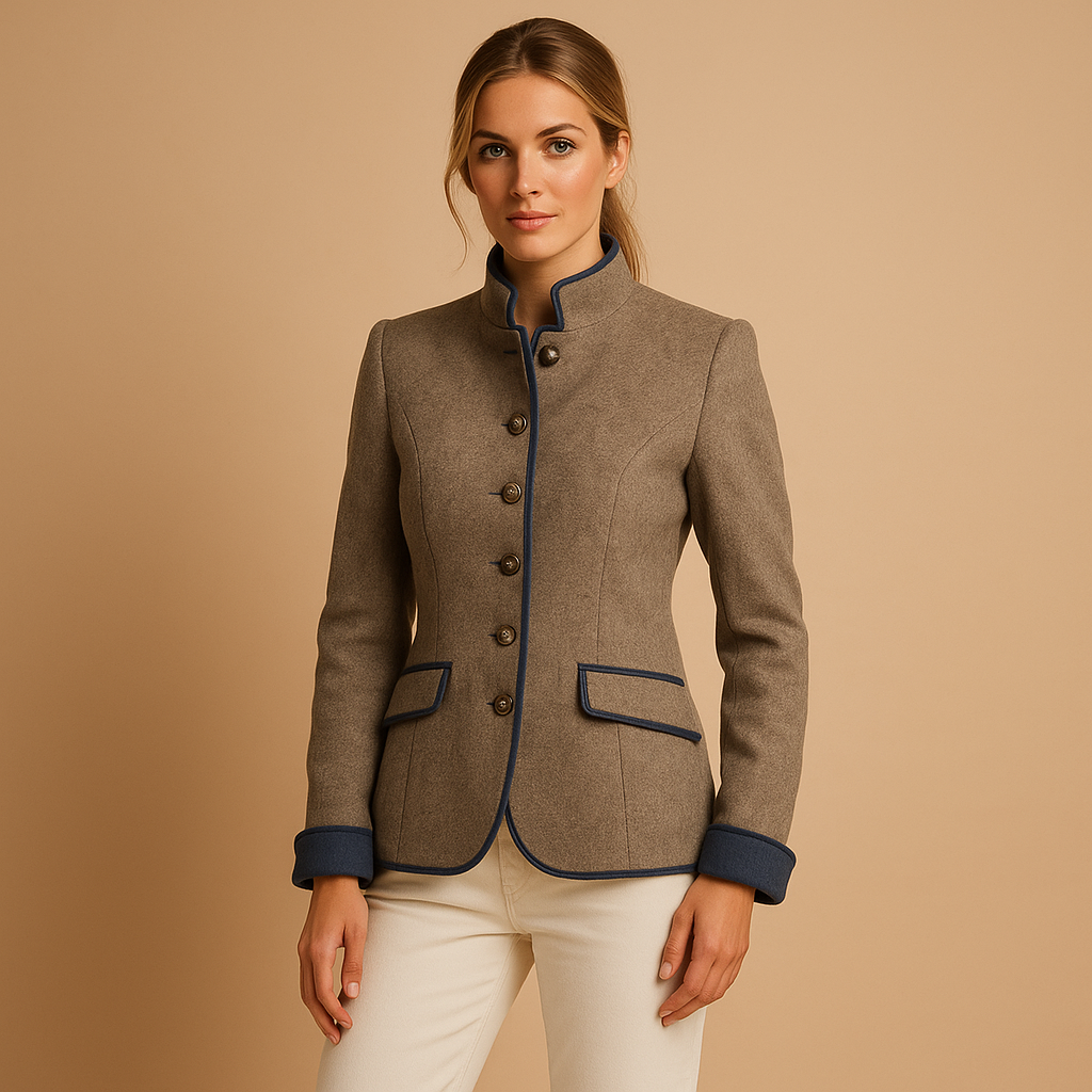 Lichtbruine getailleerde jas voor dames met stretch, ideaal voor werk en zakelijke gelegenheden met een elegante uitstraling.