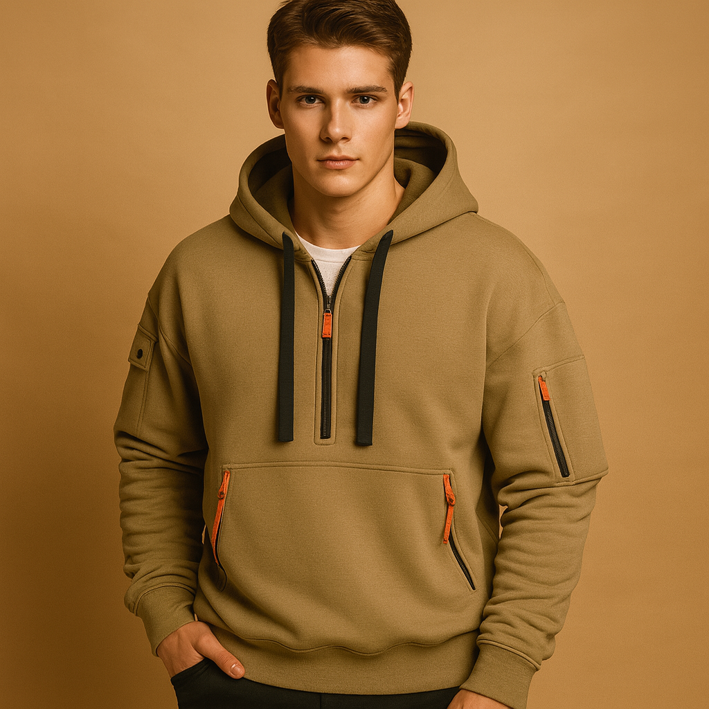Heren hoodie met capuchon in khaki, zwart, grijs en marineblauw. Comfortabel en veelzijdig, ideaal voor casual en sportieve outfits in de herfst en winter.