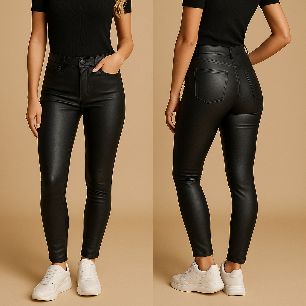 Damesbroek met hoge taille en slim fit pasvorm, gemaakt van rekbaar materiaal voor een flatterend en stijlvol silhouet.