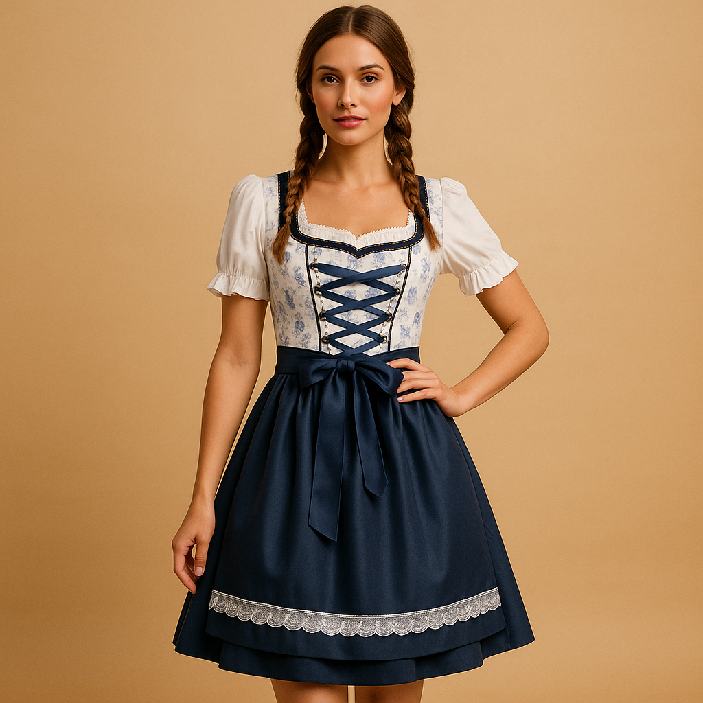 Dirndl jurk voor dames in donkerblauw met wit schort en kanten details, ideaal voor Oktoberfest en traditionele feestgelegenheden.