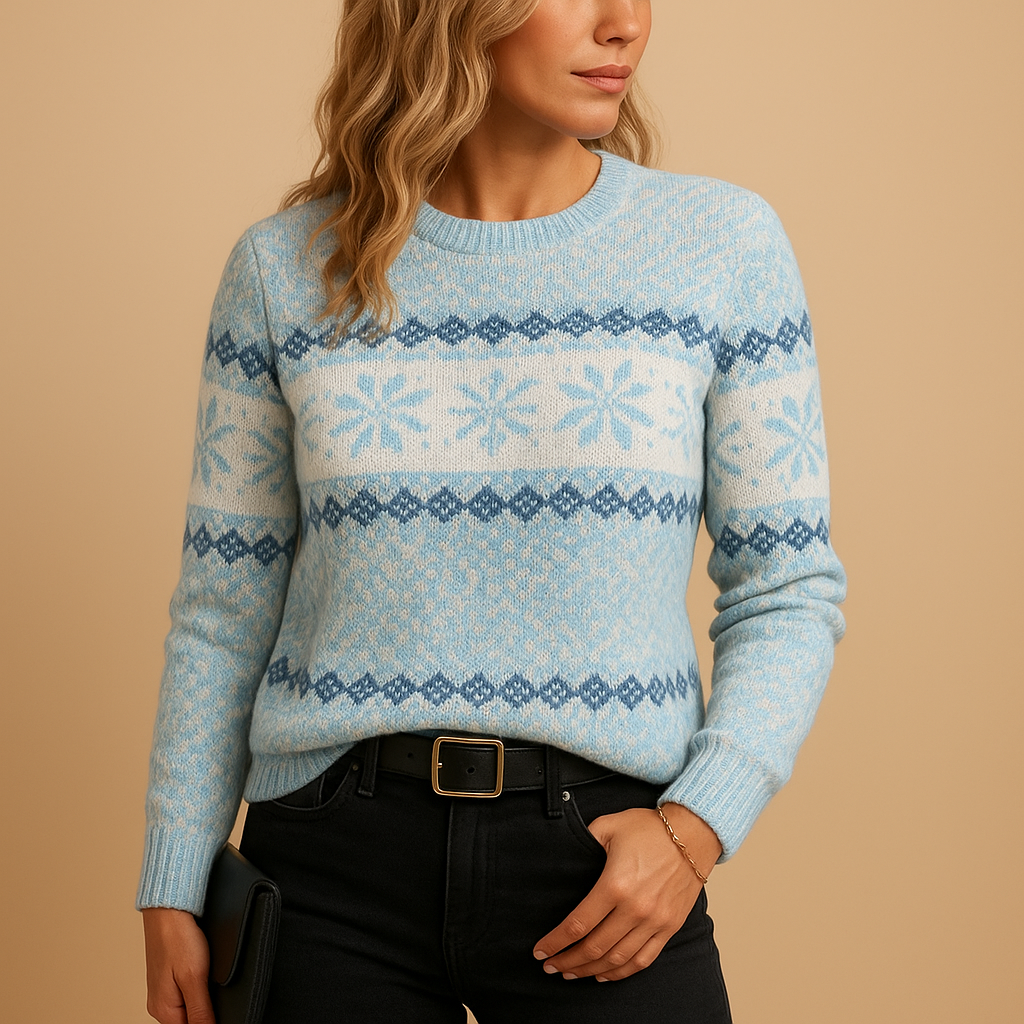 Warme dames kersttrui met feestelijke print in blauw, abrikoos, grijs of roze. Comfortabel en stijlvol voor de feestdagen en wintermomenten.