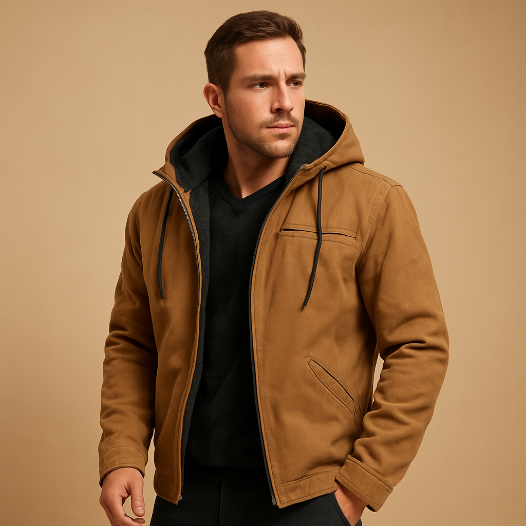 Klassieke winterjas voor heren met capuchon, zachte voering en tijdloos design, perfect voor koude dagen en outdoor-activiteiten.