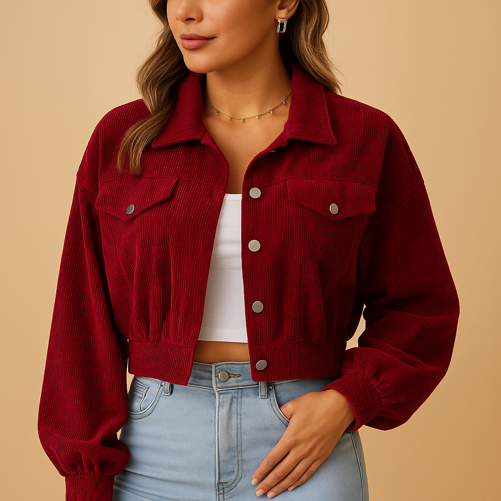 Korte corduroy jas voor dames met ribbelstructuur, zilveren knopen en borstzakken. Stijlvol en tijdloos voor casual en elegante outfits.