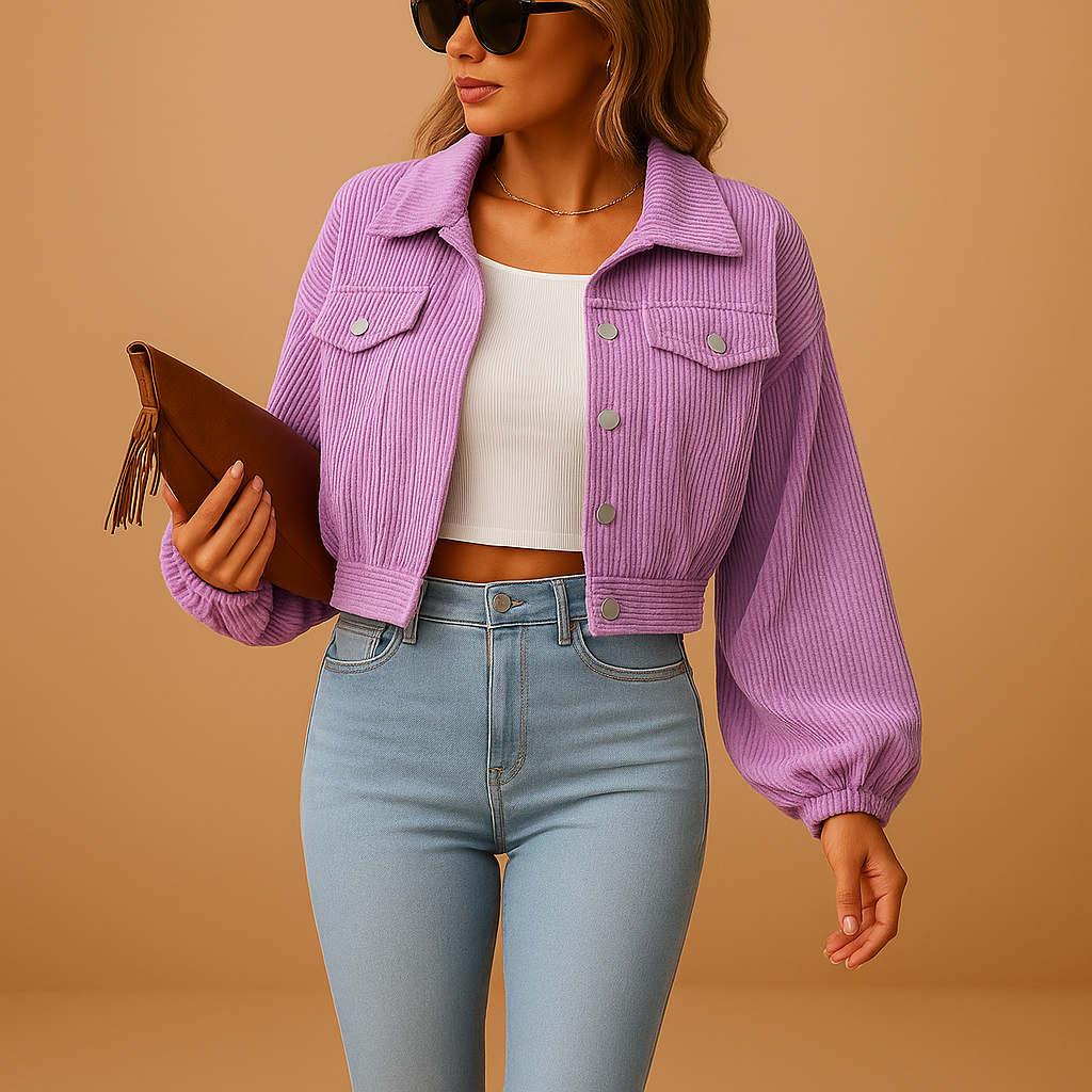 Korte corduroy jas voor dames met ribbelstructuur, zilveren knopen en borstzakken. Stijlvol en tijdloos voor casual en elegante outfits.