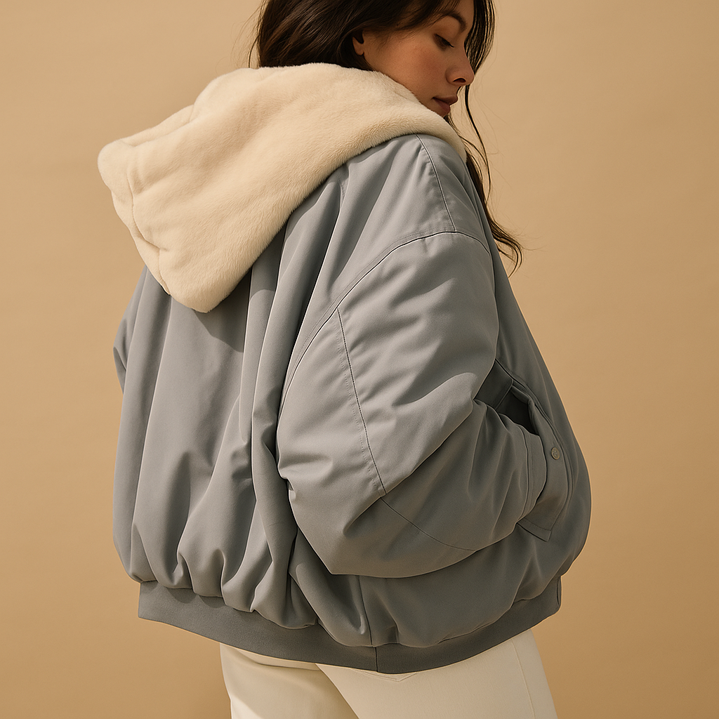 Korte winterjas met capuchon voor dames in zwart, blauw en wit, met warme voering en moderne pasvorm voor dagelijks gebruik in koude dagen.