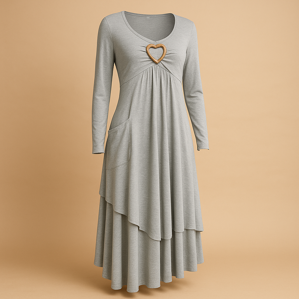 Elegante lange damesjurk met O-hals, lange mouwen en praktische zakken, geschikt voor dagelijks en formeel gebruik