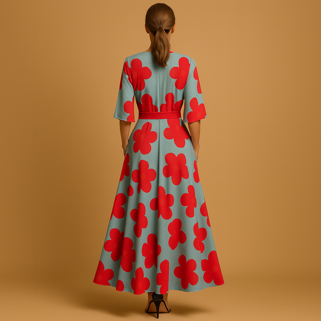 Lange bloemenjurk voor dames met diepe V-hals, getailleerde taille, vloeiende rok en praktische zakken, ideaal voor zomerse dagen en feestjes.