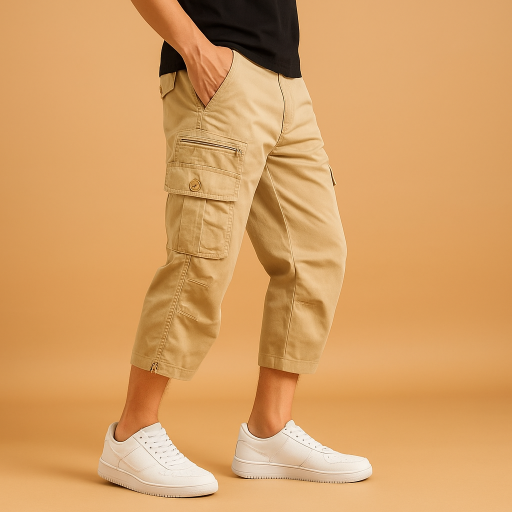 Lange katoenen cargo short voor heren in ademend materiaal met meerdere zakken, ideaal voor zomerse outdoor activiteiten of casual outfits.