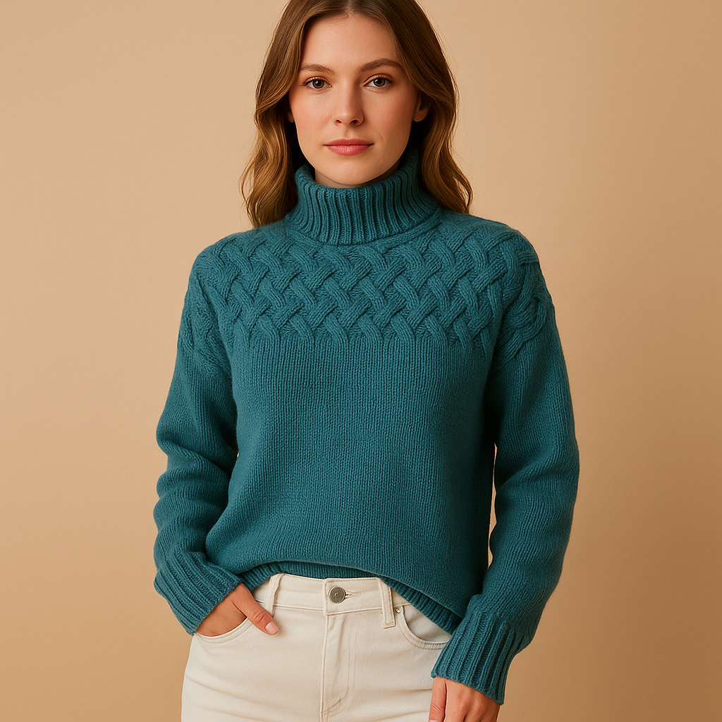 Dames coltrui in gebreide stof met hoge hals in roze, groen of blauw. Perfect voor winterse lagen en casual outfits.