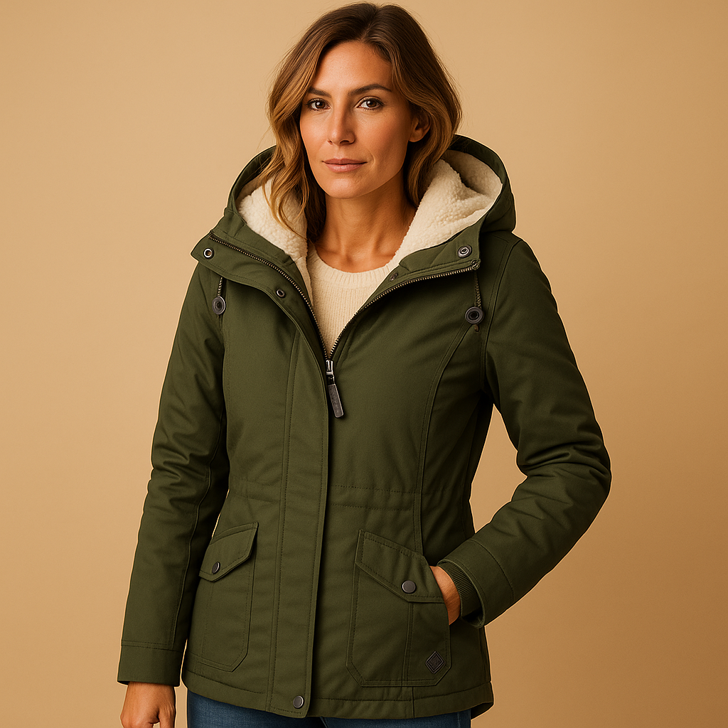 Lange elegante winterjas voor dames in zwart, beige of grijs, met getailleerde pasvorm en isolerende voering voor koude dagen.