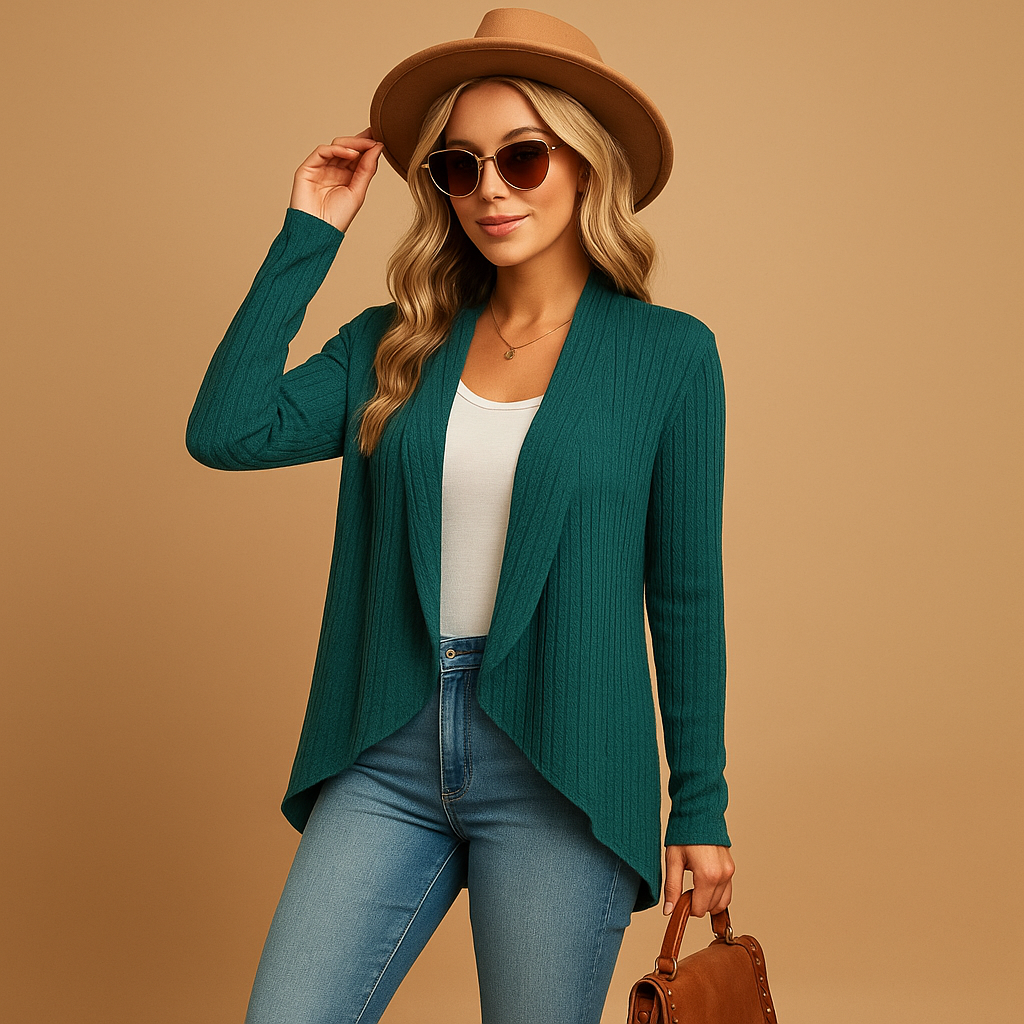 Lange gebreide cardigan voor dames in zachte stof en effen kleuren, ideaal voor layering in lente en herfst met een elegante en casual look.