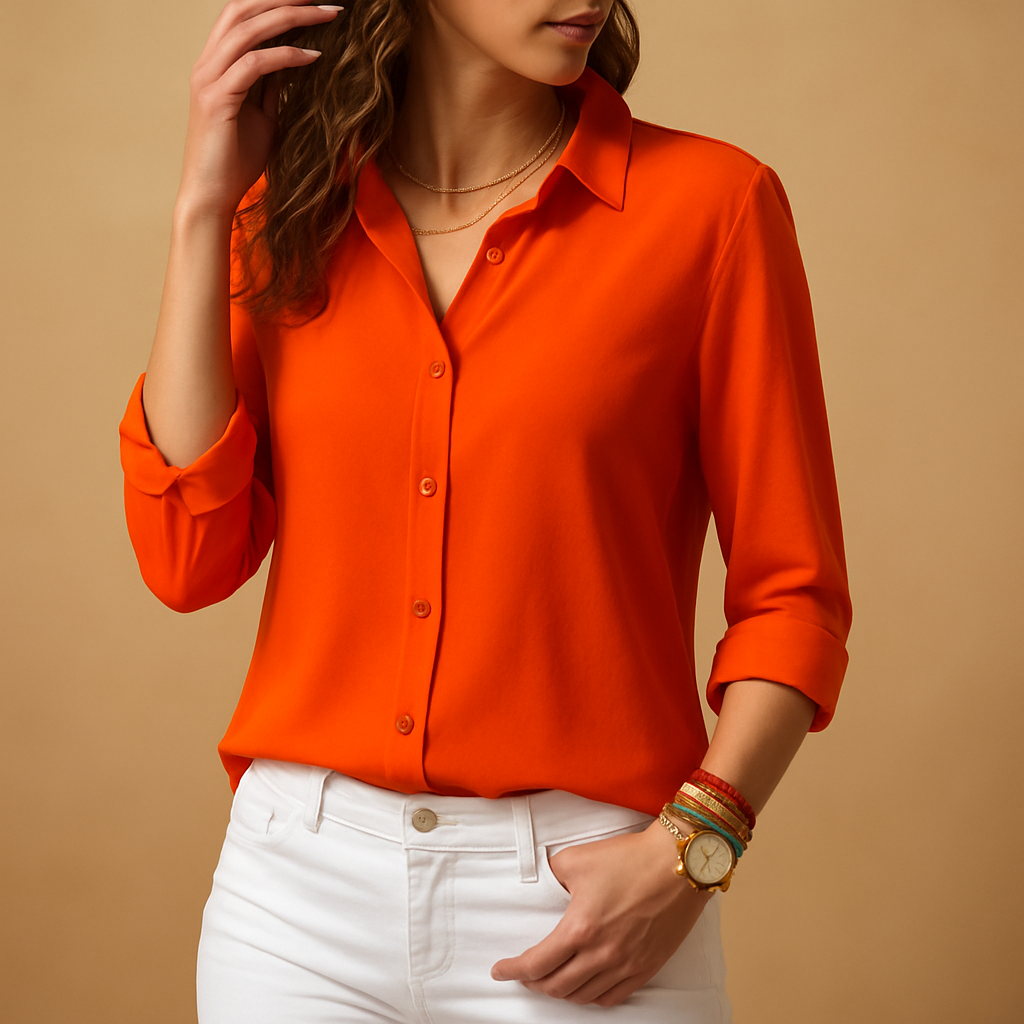 Dames blouse met lange mouwen, V-hals en knoopsluiting in een modern en verfijnd ontwerp, ideaal voor werk en casual gelegenheden.