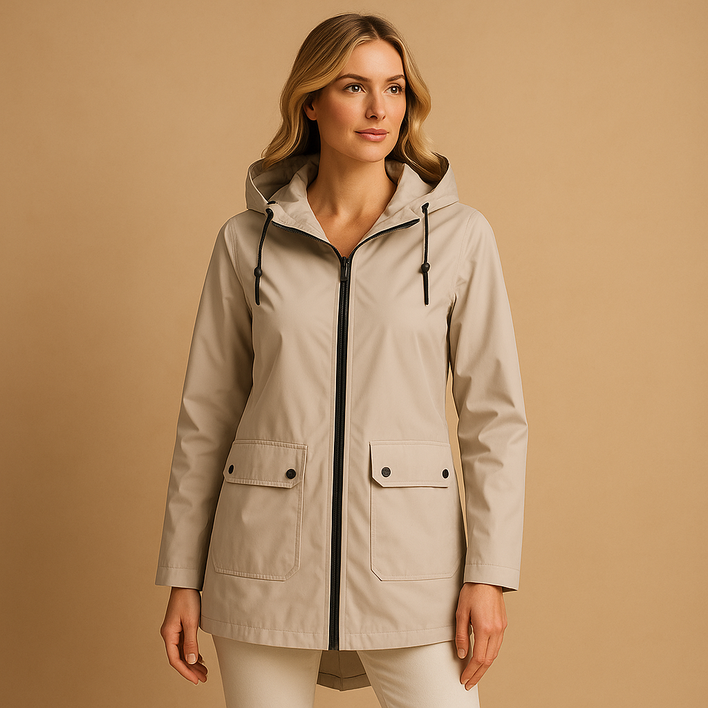 Lange waterafstotende regenjas met capuchon voor dames, ademend materiaal, ideaal voor dagelijks gebruik in weer en wind.