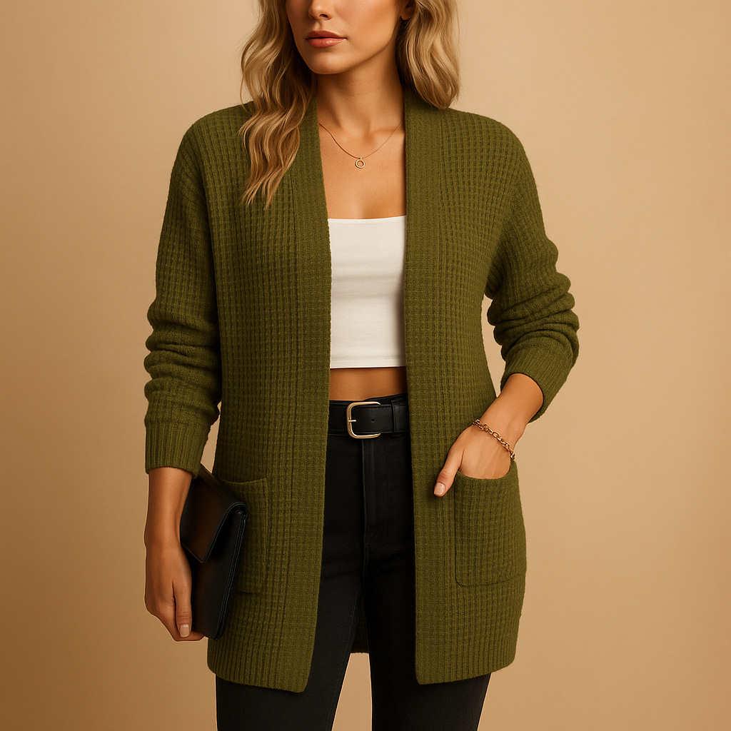 Lang damesvest met V-hals en zakken in effen kleuren, ideaal voor laagjes in herfst en winter of voor comfortabel loungen thuis