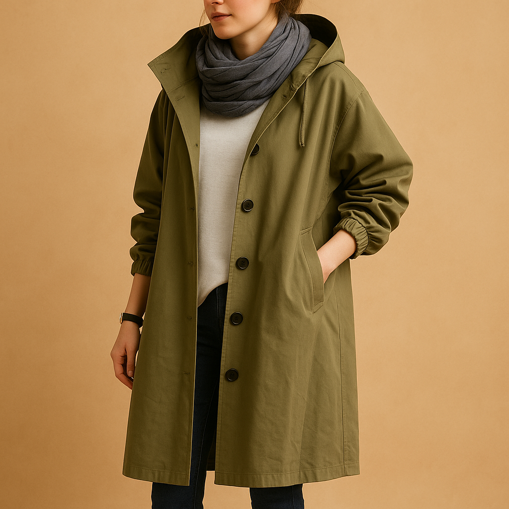 Lange waterdichte regenjas voor dames met verstelbare taille, capuchon en ceintuur in groen, beige of zwart.