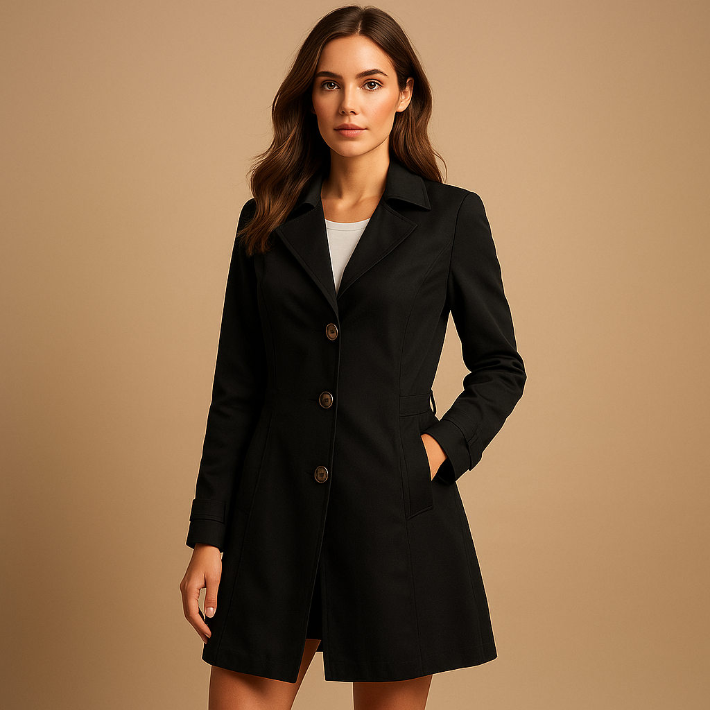 Lange winddichte regenjas voor dames in zwart of beige met verstelbare taille en capuchon, ideaal voor regenachtige en winderige dagen.
